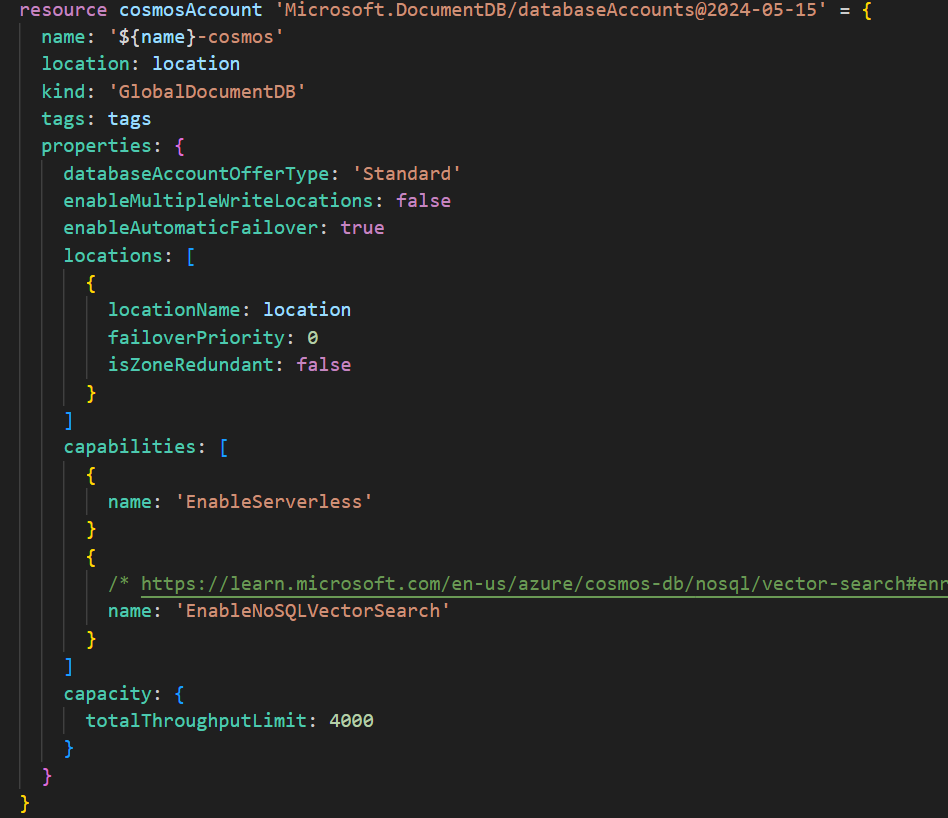 Sample Bicep code that deploys Azure Cosmos DB for NoSQL