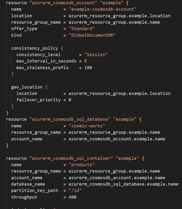 Sample Terraform code that deploys Azure Cosmos DB for NoSQL