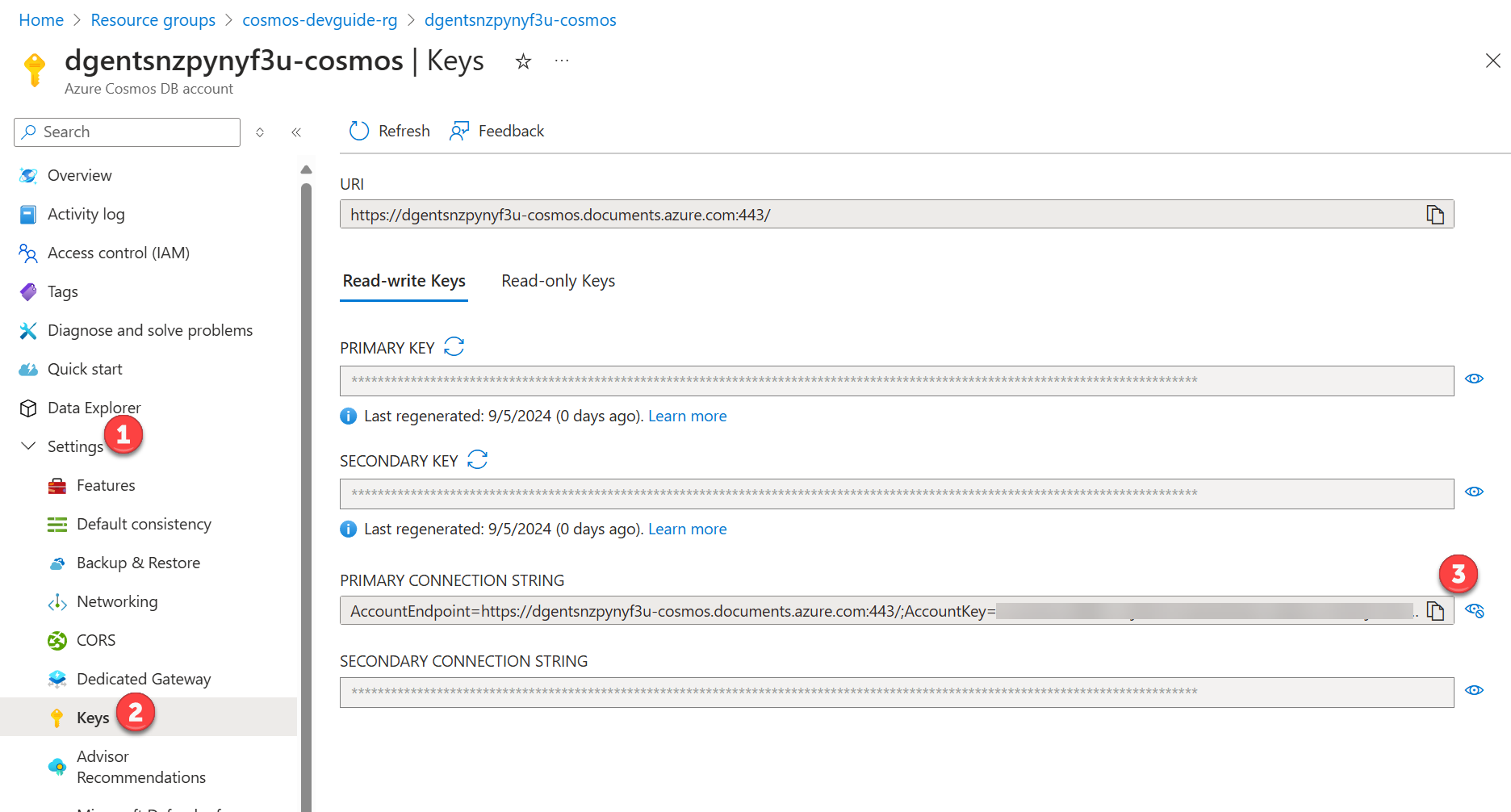 The Azure Cosmos DB for NoSQL Connection strings screen displays with the copy button next to the connection string highlighted.