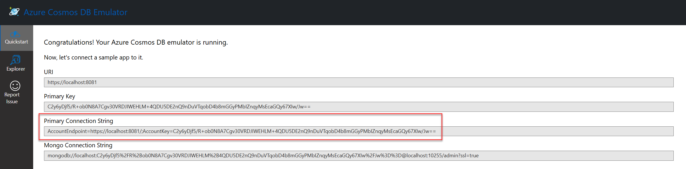 The Azure Cosmos DB emulator screen displays with the local host url, the Quickstart tab, and the connection string highlighted.