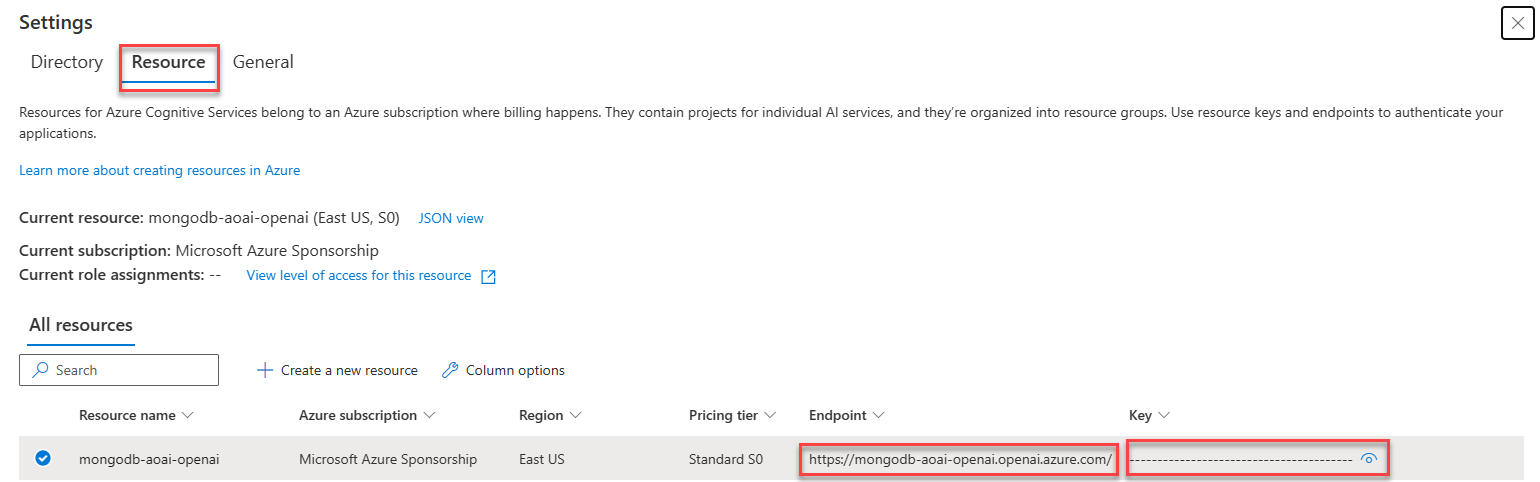The Azure OpenAI resource settings screen displays with the endpoint and key values highlighted.