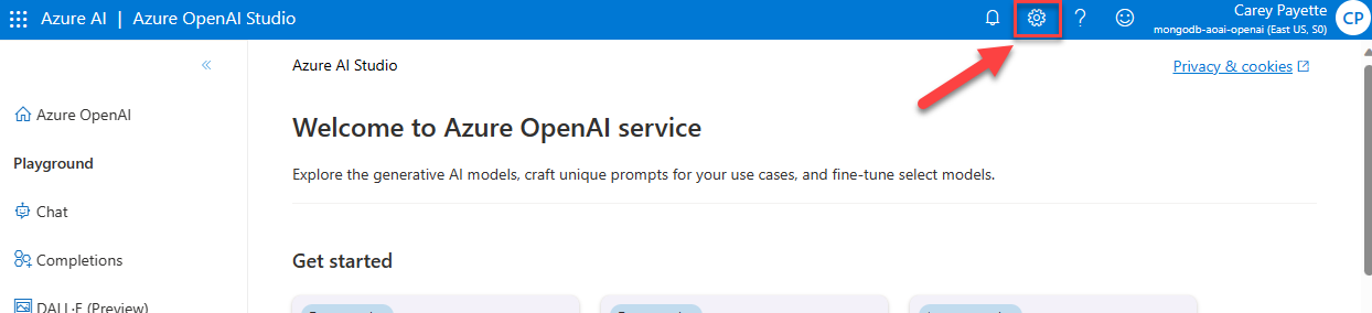 Azure OpenAI Studio displays with the Gear icon highlighted in the top toolbar.