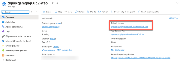 Web App resource for front-end application with Default domain highlighted