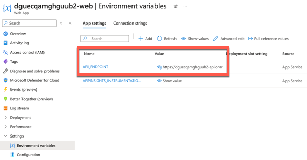 Web App resource showing the application settings with the API_ENDPOINT setting highlighted