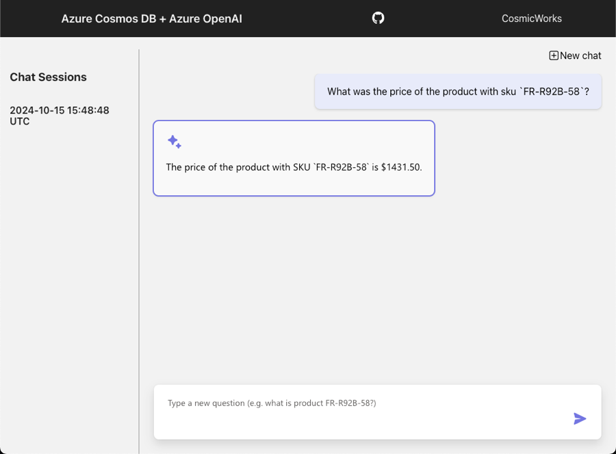 Chat user interface screenshot with question and generated answer displayed