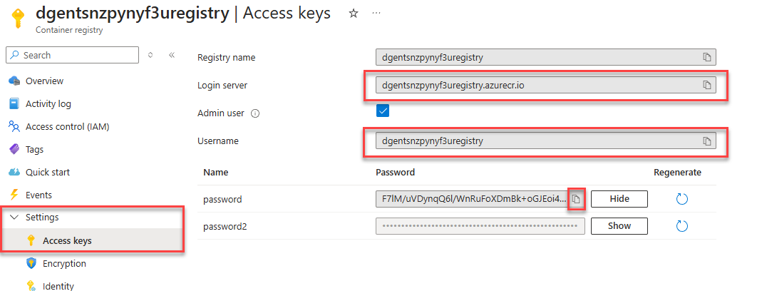 The Azure portal displays the Container Registry resource with the Access keys menu item selected. The login server, username and password values are highlighted.