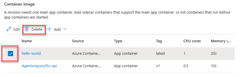 The Azure portal displays the Create and deploy new revision screen with the hello-world container selected.