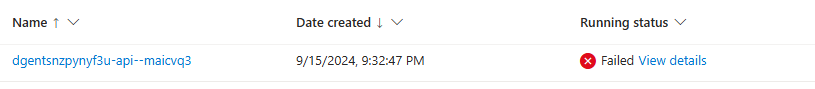 The Azure portal displays the Container App resource with a failed container revision listed.