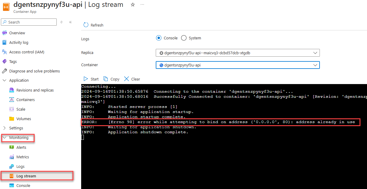 The Azure portal displays the Container App resource with the Log stream menu item selected and the output of the api container with the error highlighted.