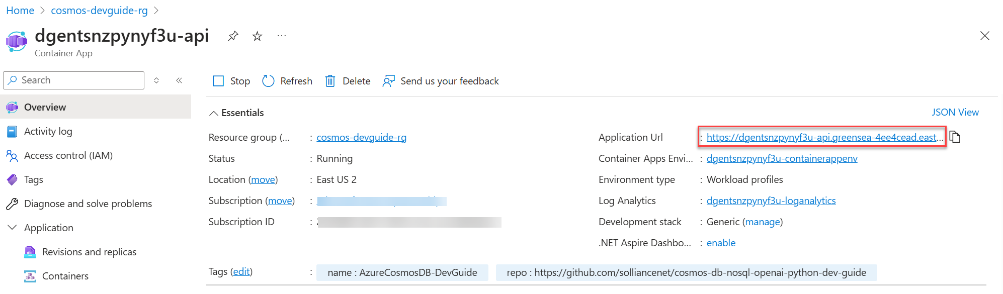 The Azure portal displays the Container App resource Overview screen with the Application URL highlighted.