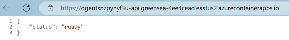 The Azure portal displays the Container App resource with the Overview menu item selected. The Application URL is highlighted.