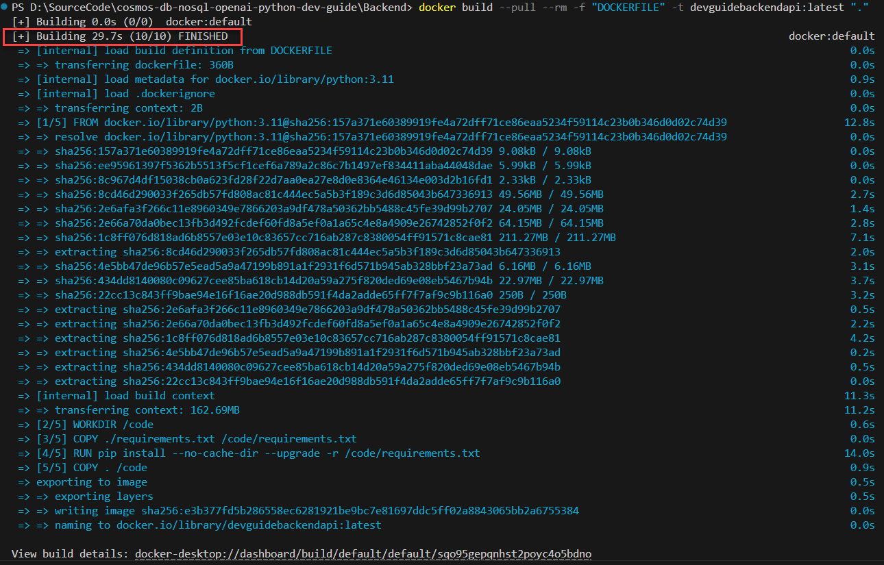 The VSCode terminal window displays the docker build command and the FINISHED message.