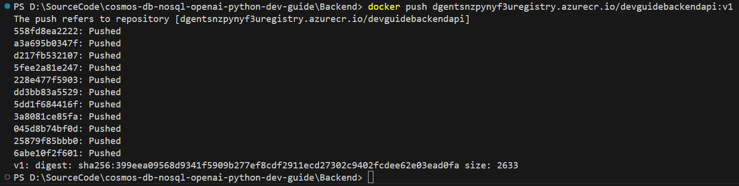 The VSCode terminal window displays the docker login and docker push commands.