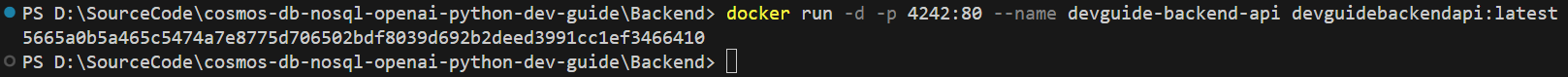 The VSCode terminal window displays the docker run command.