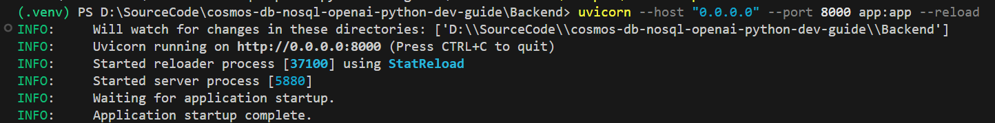 The VSCode terminal window displays with the backend API started.