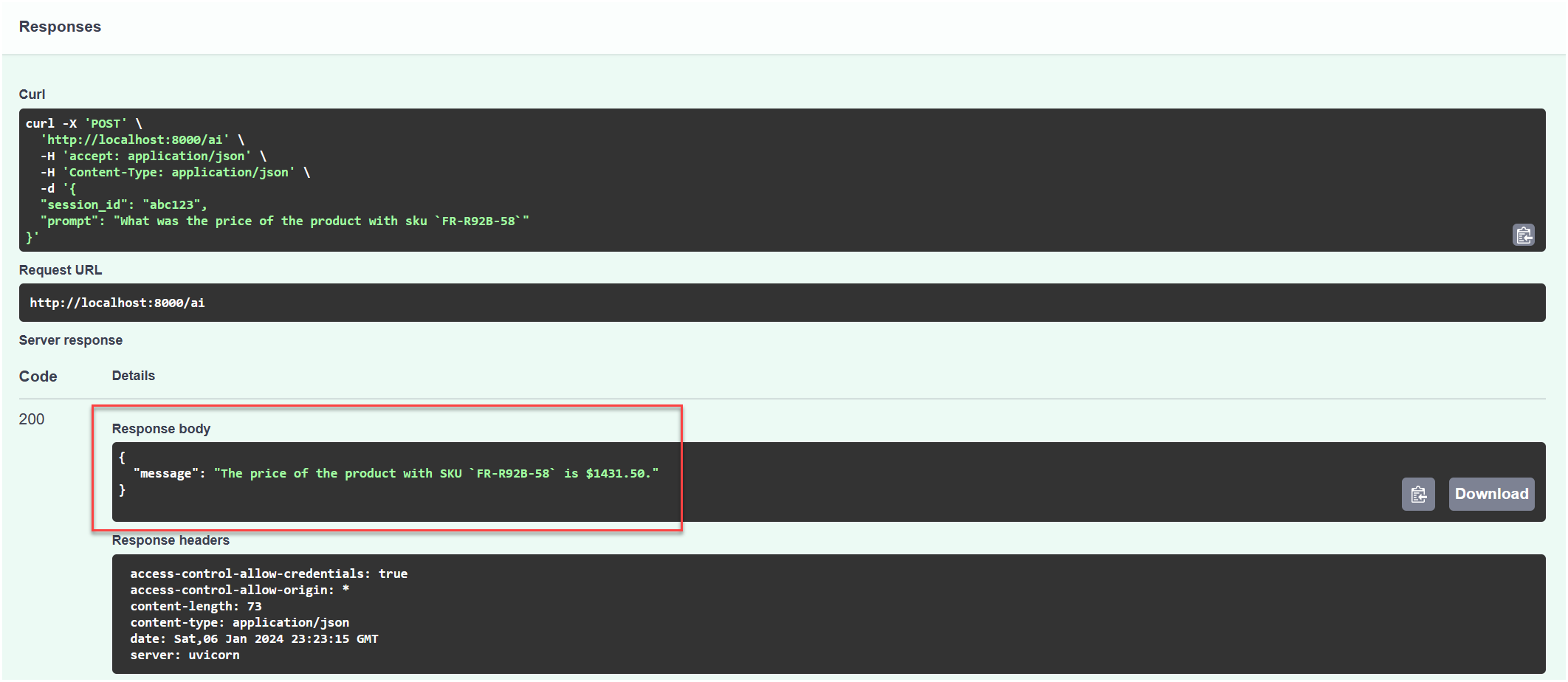 The Swagger UI displays the POST /ai endpoint reponse that has a status of ready.