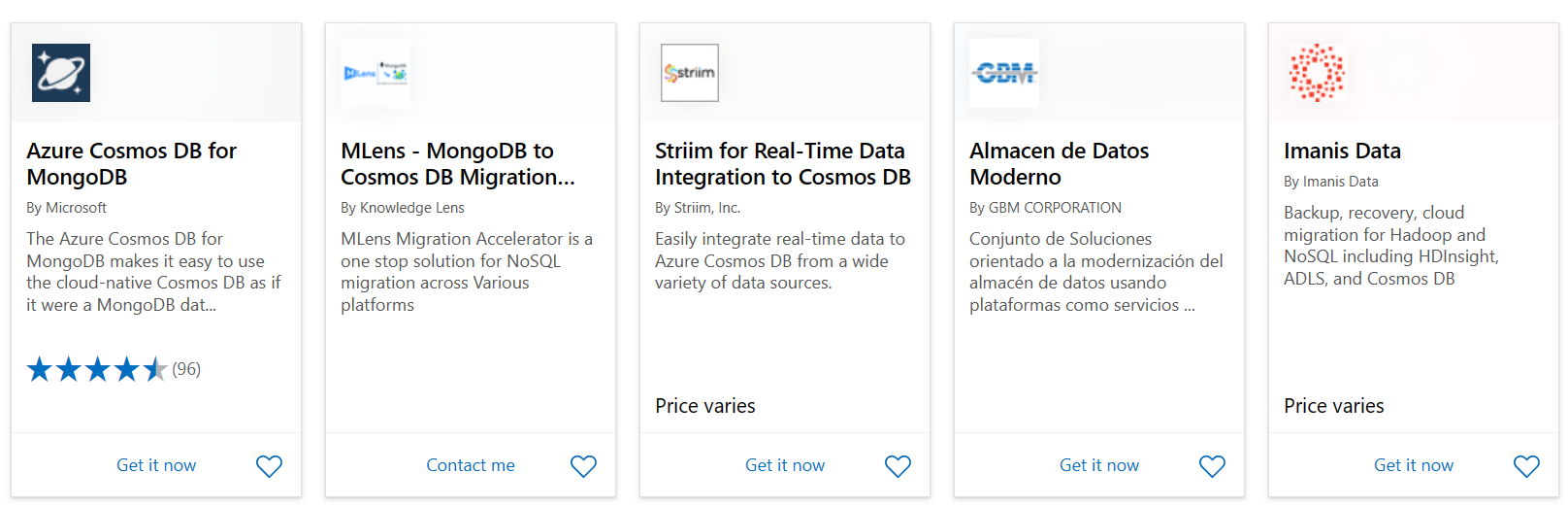 The picture shows an example of Azure Marketplace search results.