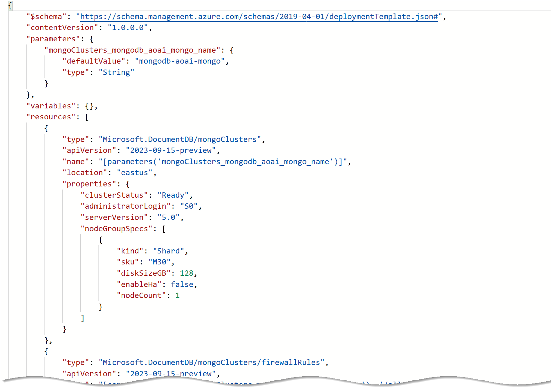 The picture shows an example of an ARM template JSON export.