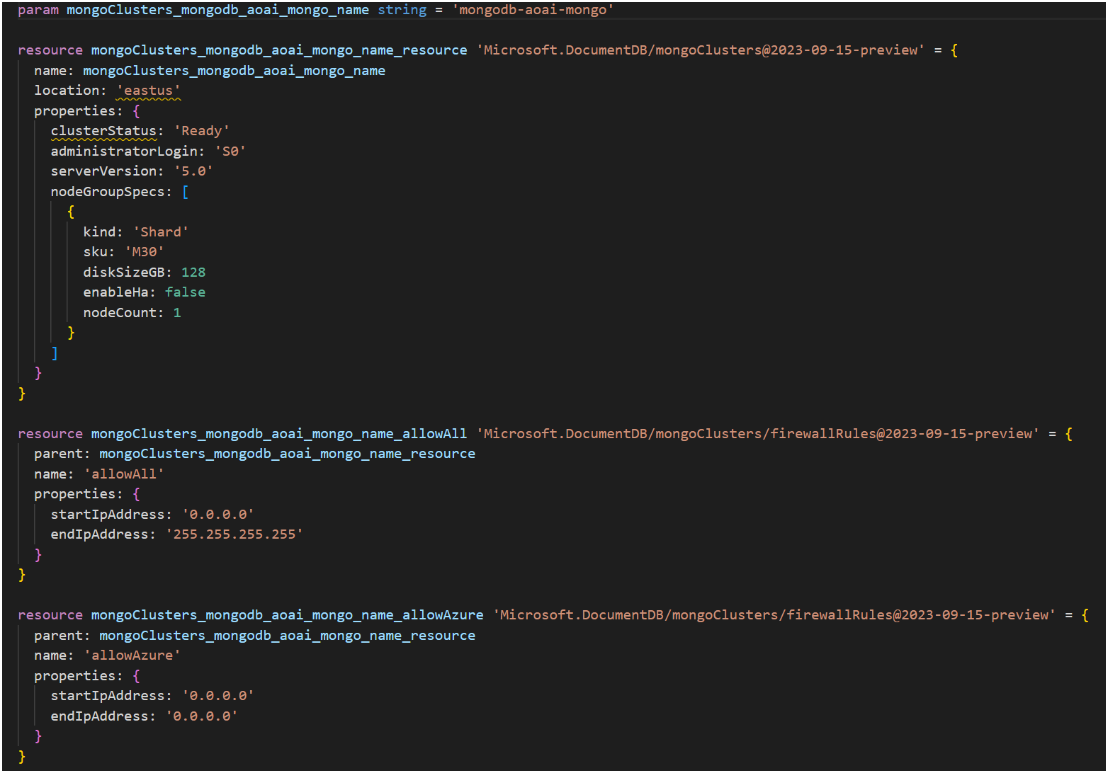 Sample Terraform code that deploys Azure Cosmos DB for MongoDB