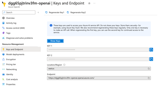 Azure OpenAI Keys and Endpoint pane in the Azure Portal