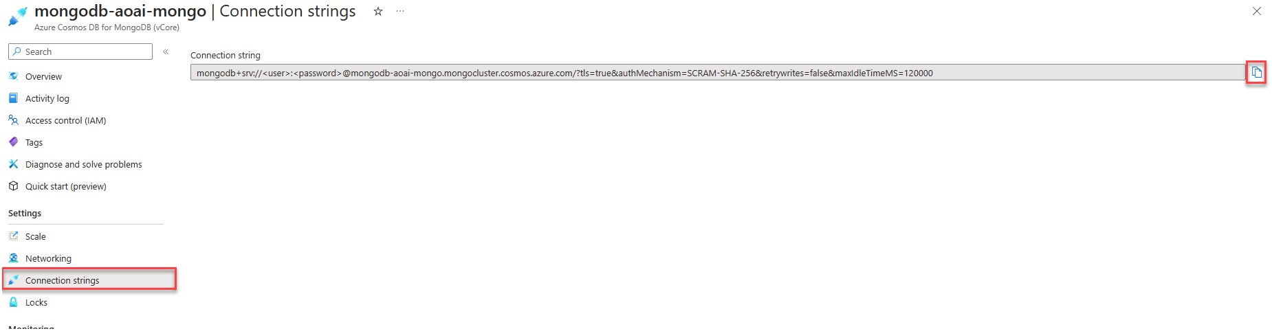 The Azure CosmosDb API for MongoDB Connection strings screen displays with the copy button next to the connection string highlighted.