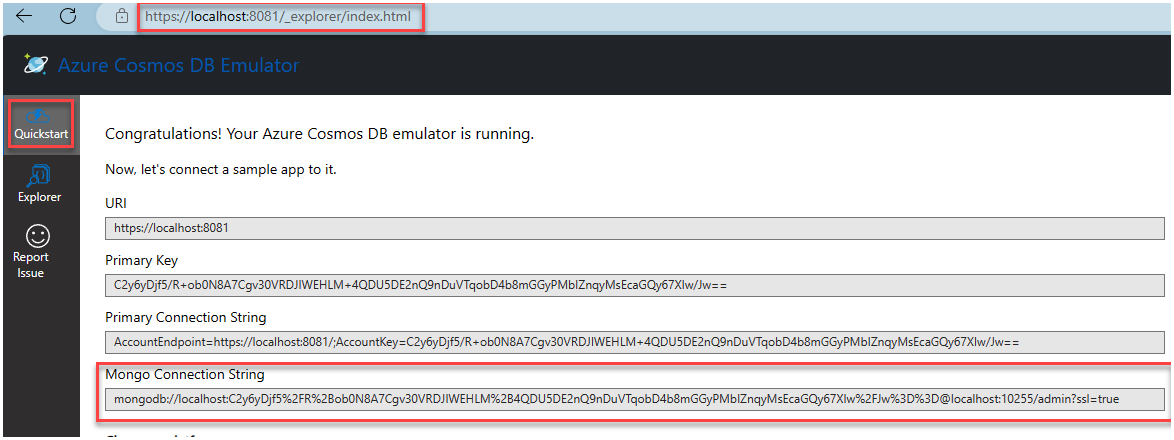 The Azure Cosmos DB emulator screen displays with the local host url, the Quickstart tab, and the Mongo connection string highlighted.