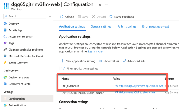 Web App resource showing the application settings with the API_ENDPOINT setting highlighted
