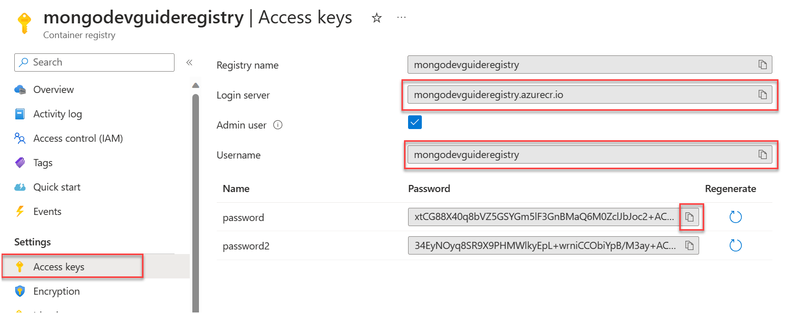The Azure portal displays the Container Registry resource with the Access keys menu item selected. The login server, username and password values are highlighted.