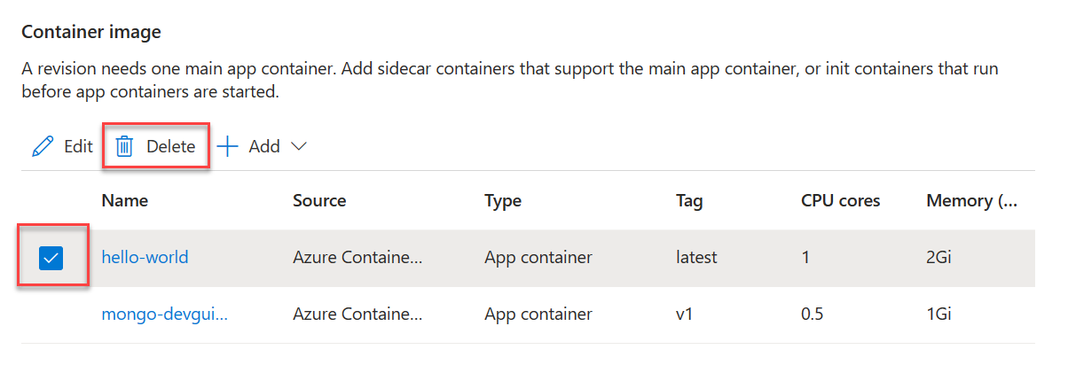 The Azure portal displays the Create and deploy new revision screen with the hello-world container selected.