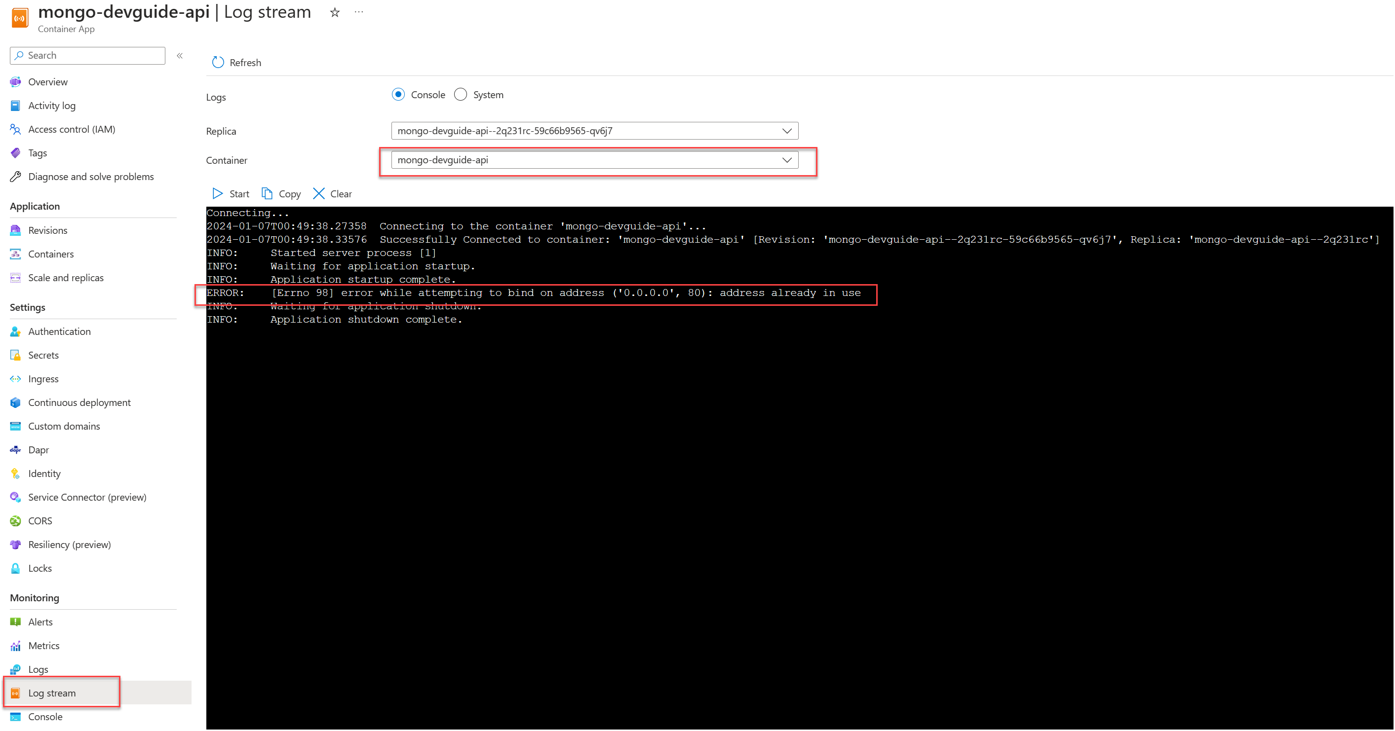 The Azure portal displays the Container App resource with the Log stream menu item selected and the output of the api container with the error highlighted.