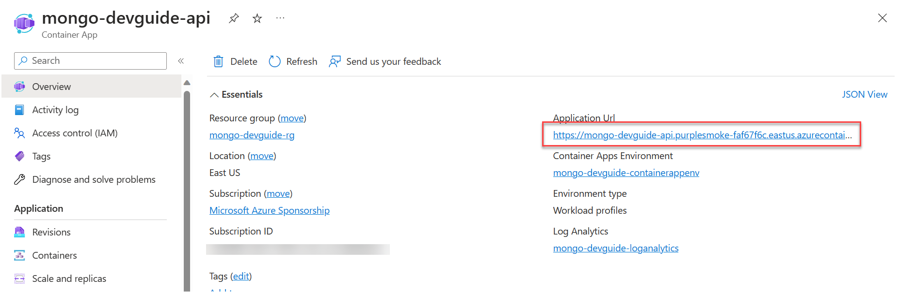 The Azure portal displays the Container App resource Overview screen with the Application URL highlighted.