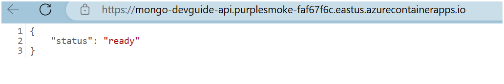The Azure portal displays the Container App resource with the Overview menu item selected. The Application URL is highlighted.