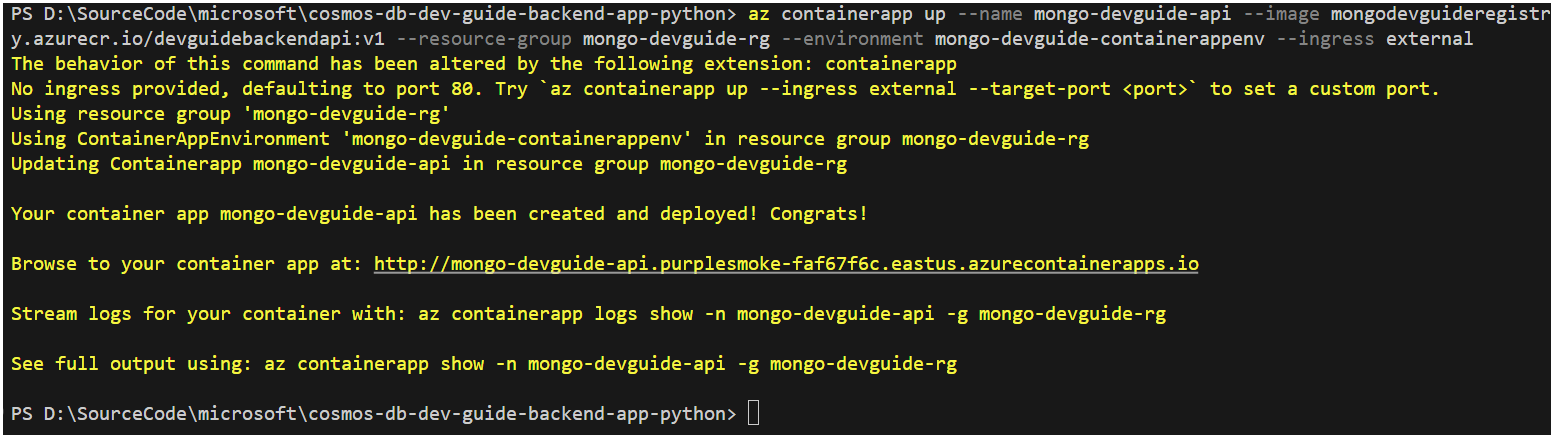 The console output of the container app up command displays with the endpoint highlighted.