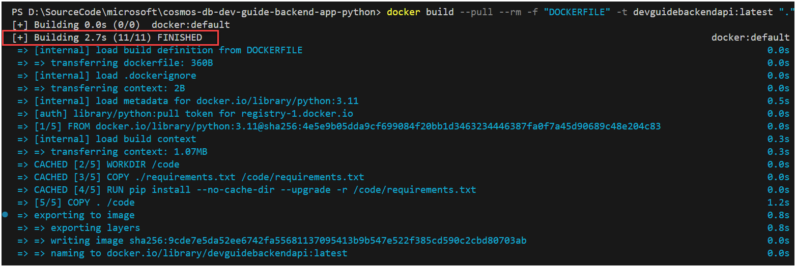 The VSCode terminal window displays the docker build command and the FINISHED message.