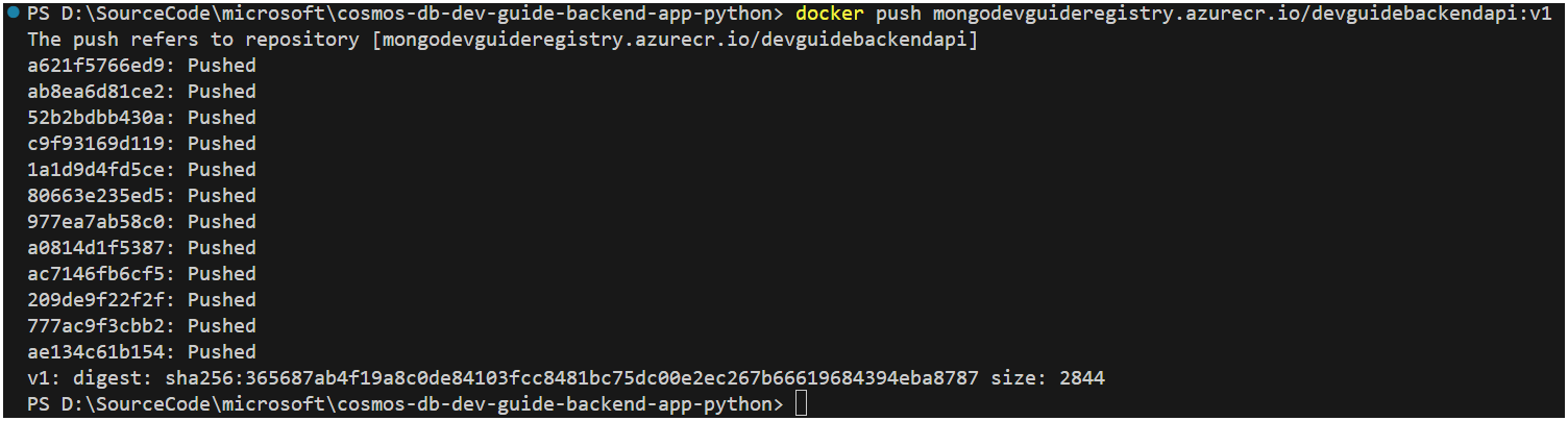 The VSCode terminal window displays the docker login and docker push commands.