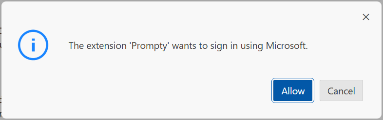 The extension 'Prompty' wants to sign in using Microsoft.