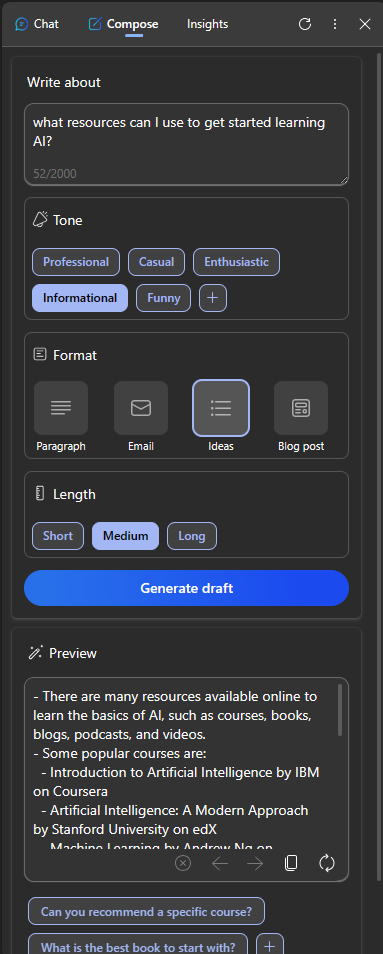 Bing search results with options to modify the prompt and output