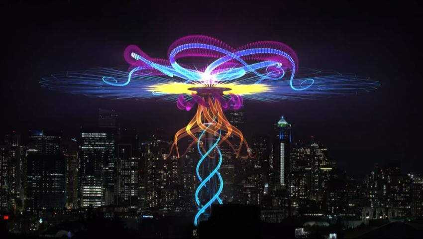 Augmented Reality light show around Seattle&#39;s Space Needle.